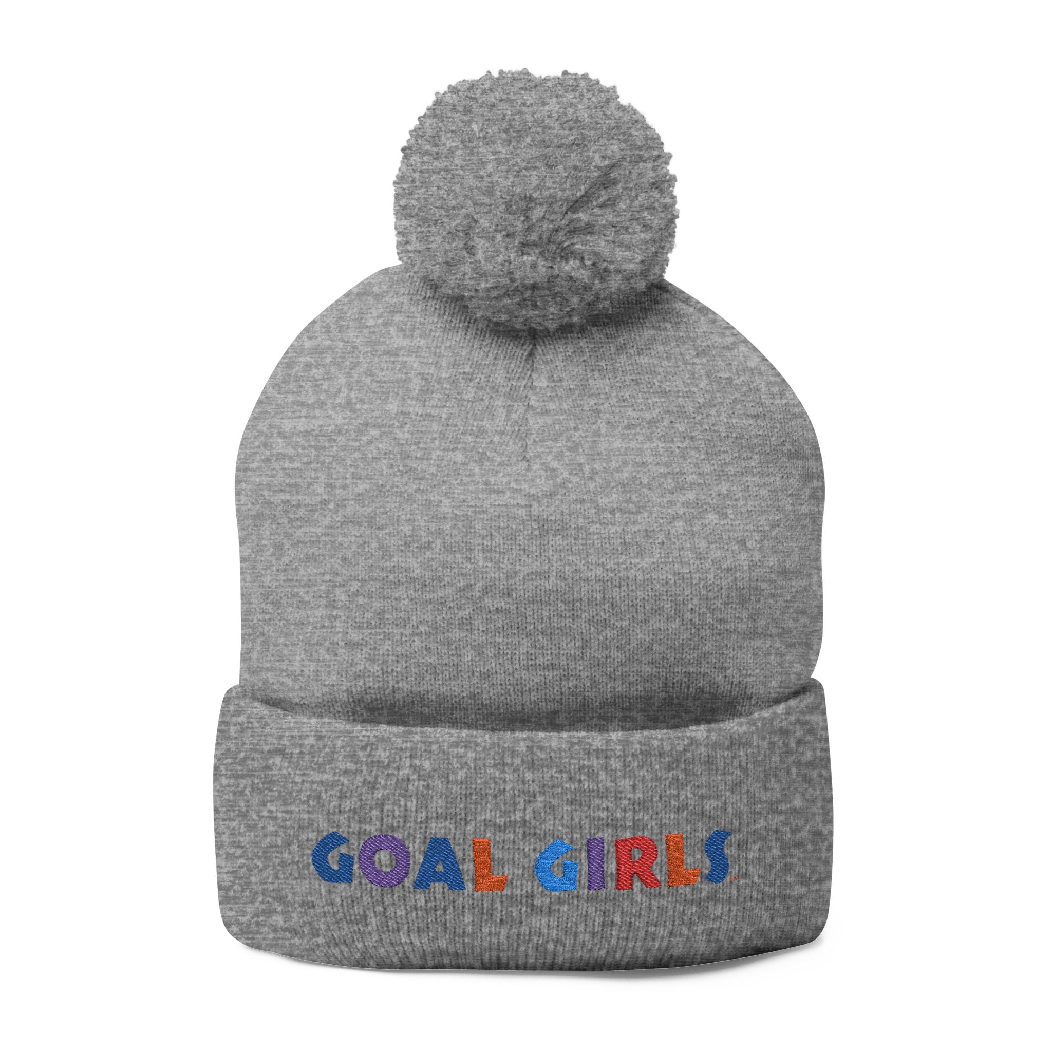 Pom-Pom Beanie — Embroidered "Goal Girls" Colorful Knit Winter Hat