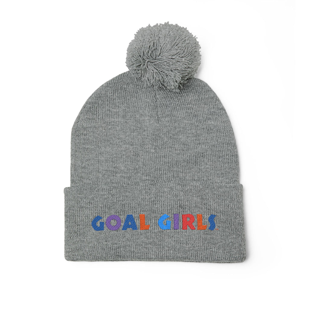 Pom-Pom Beanie — Embroidered "Goal Girls" Colorful Knit Winter Hat