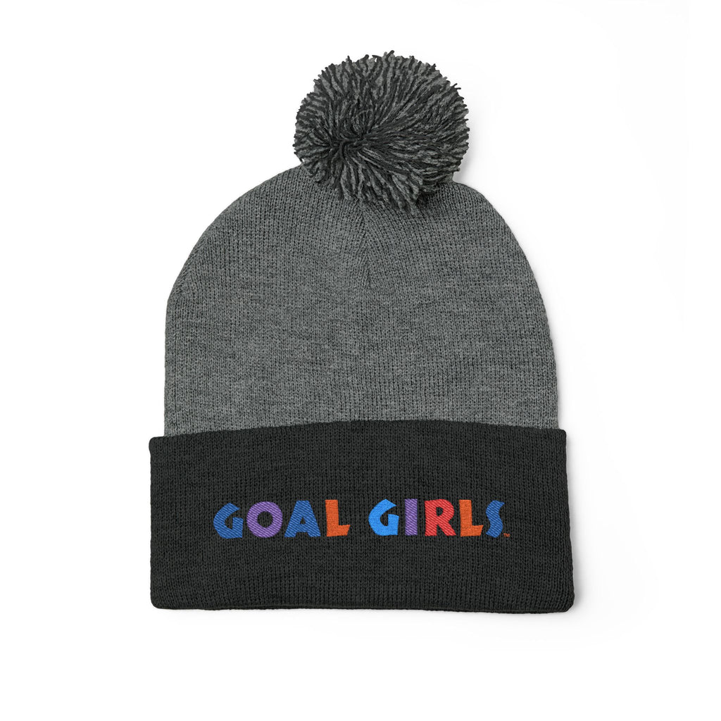 Pom-Pom Beanie — Embroidered "Goal Girls" Colorful Knit Winter Hat