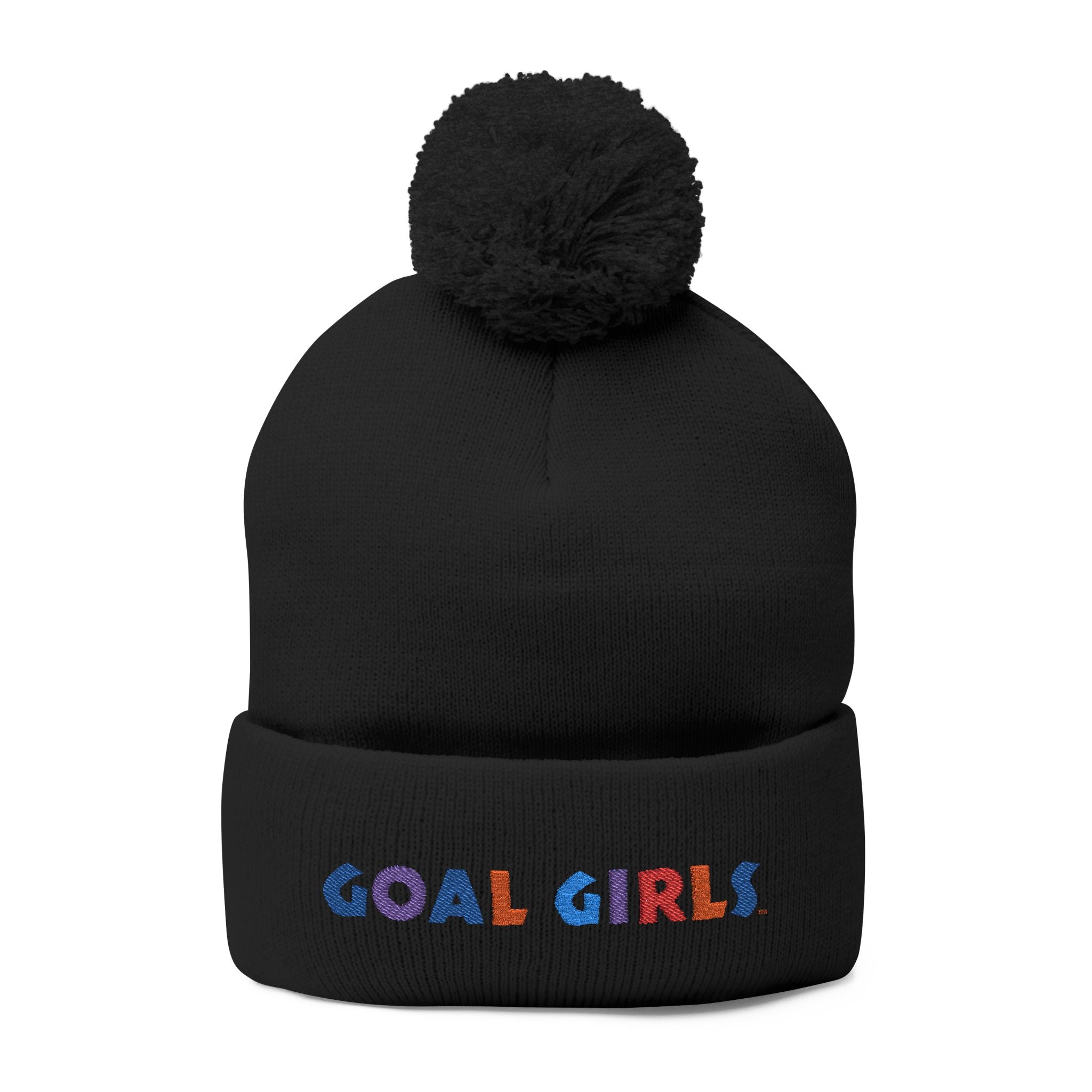 Pom-Pom Beanie — Embroidered "Goal Girls" Colorful Knit Winter Hat