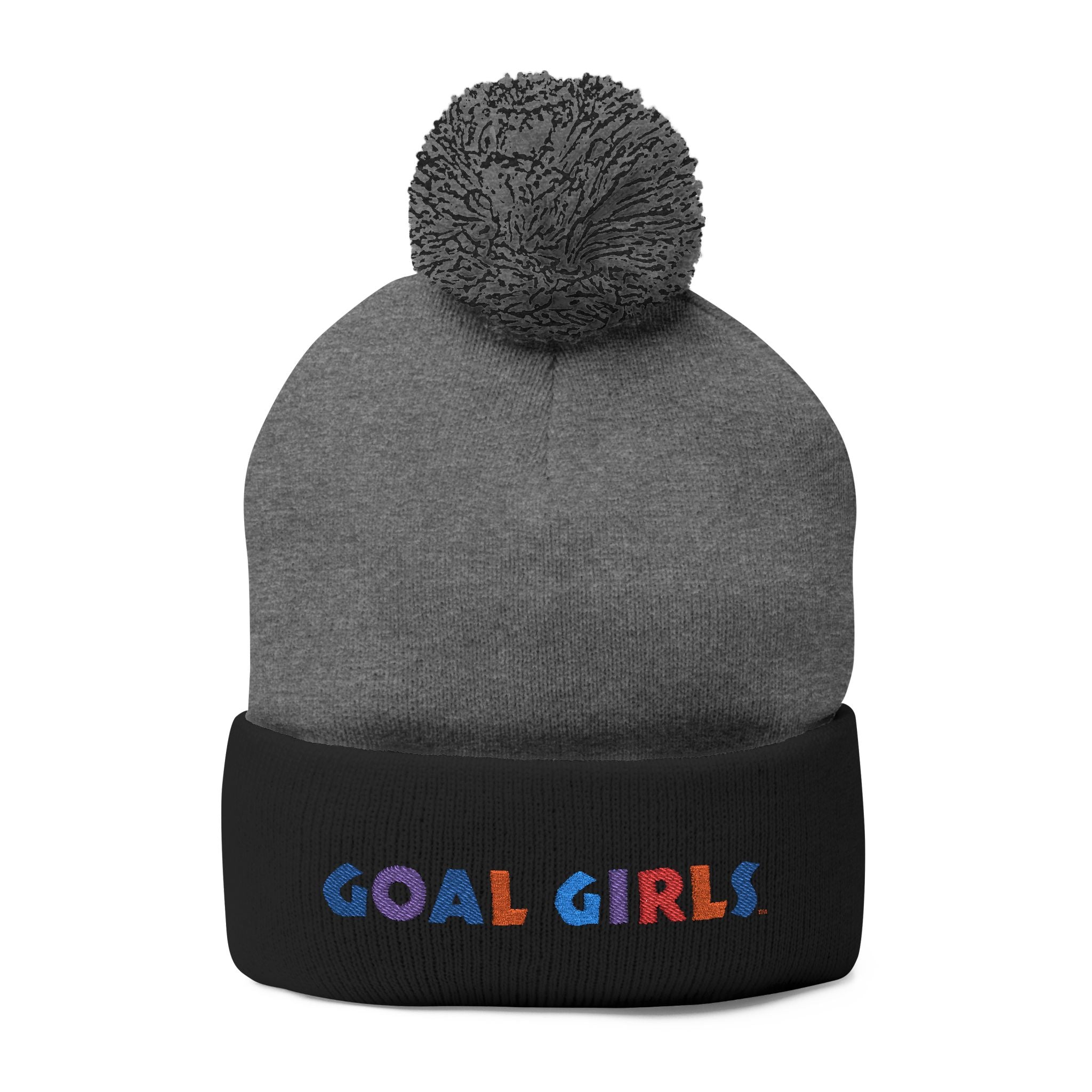 Pom-Pom Beanie — Embroidered "Goal Girls" Colorful Knit Winter Hat
