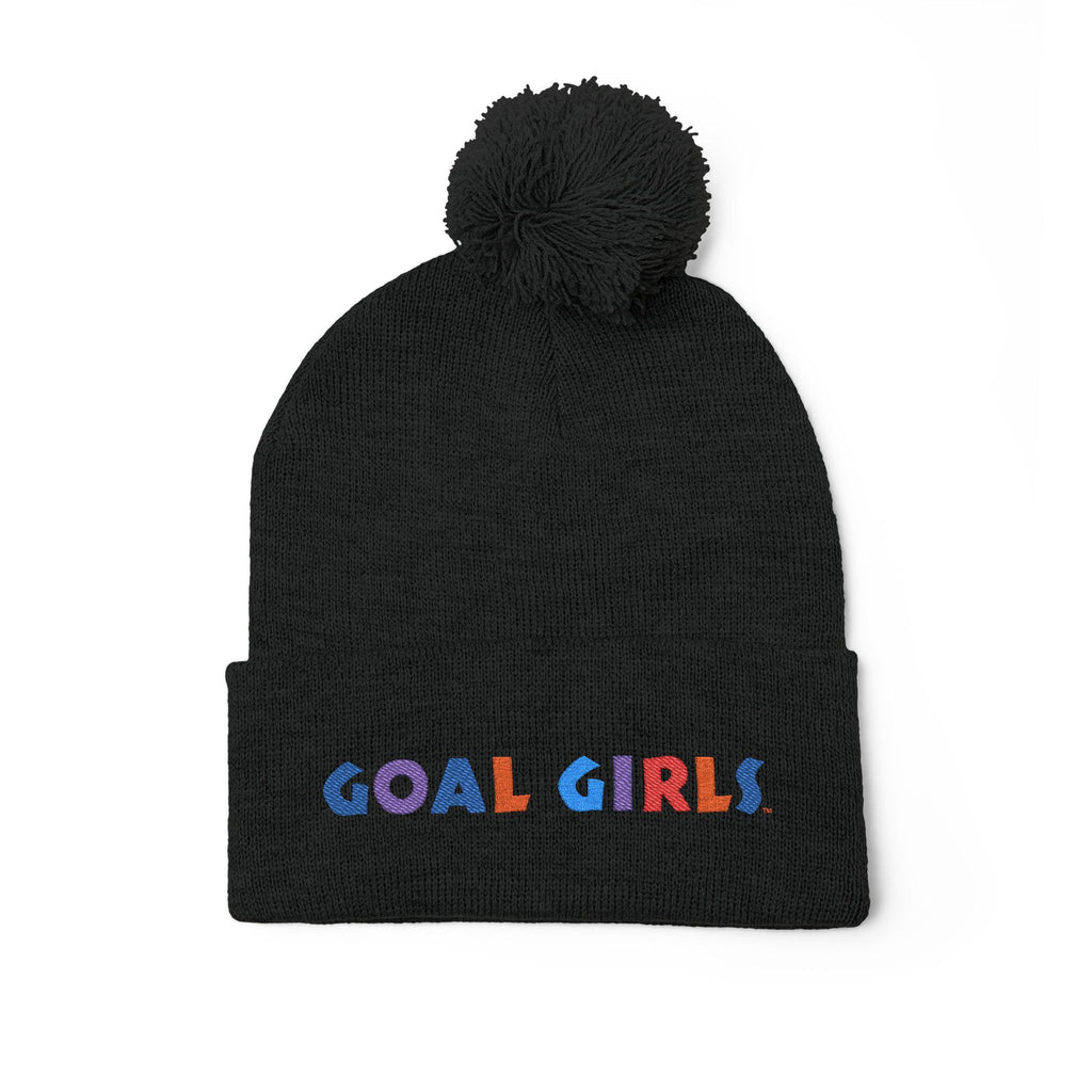 Pom-Pom Beanie — Embroidered "Goal Girls" Colorful Knit Winter Hat